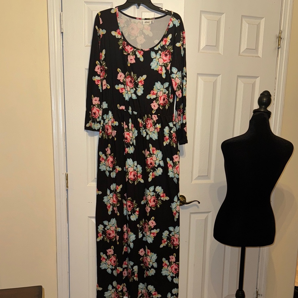 Black Floral Long Sleeve Maxi Dress with Pink & Aqua Blooms